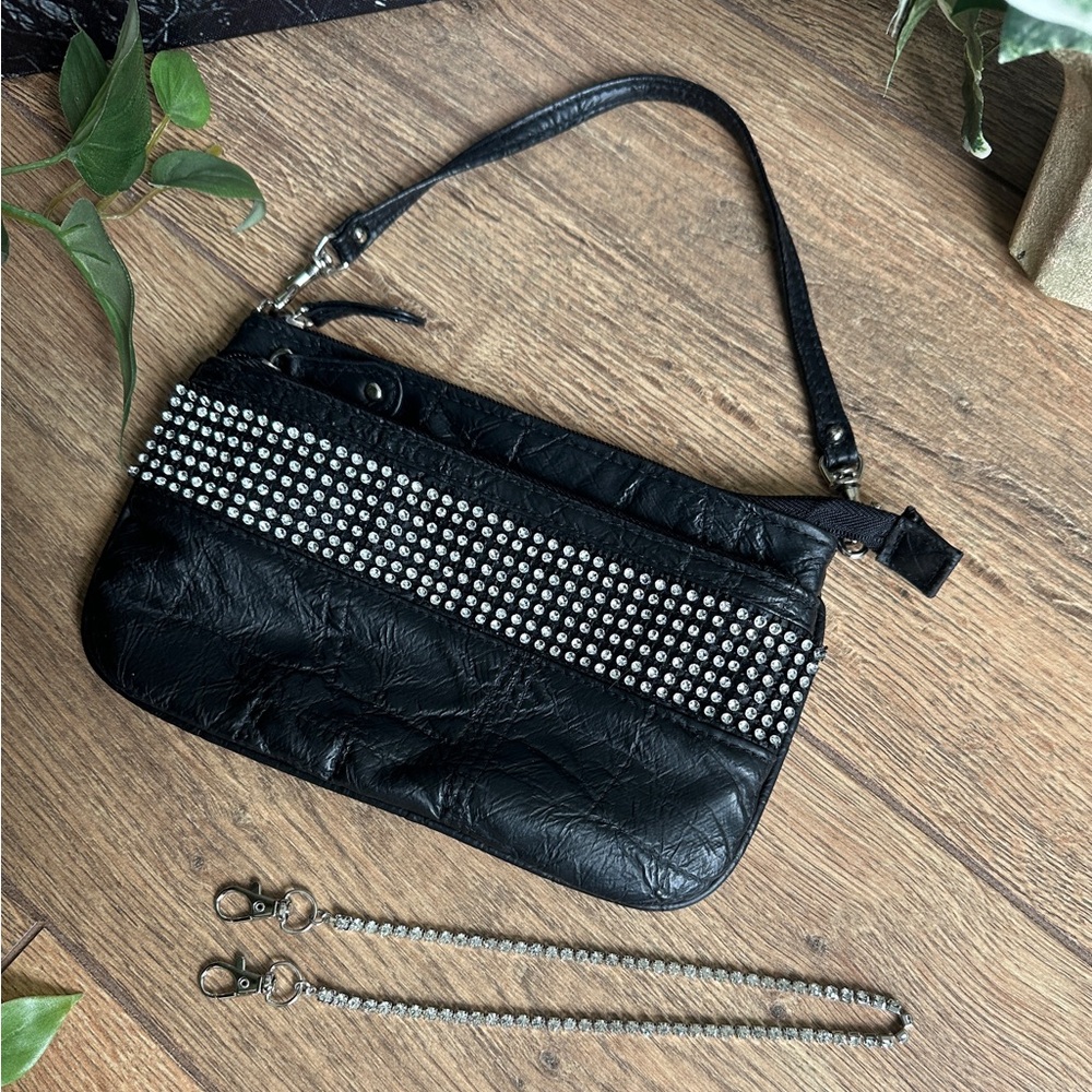 Black Leather Rhinestone Embellished Wristlet Clutch - Formal Clutch - Picture 2 of 6
